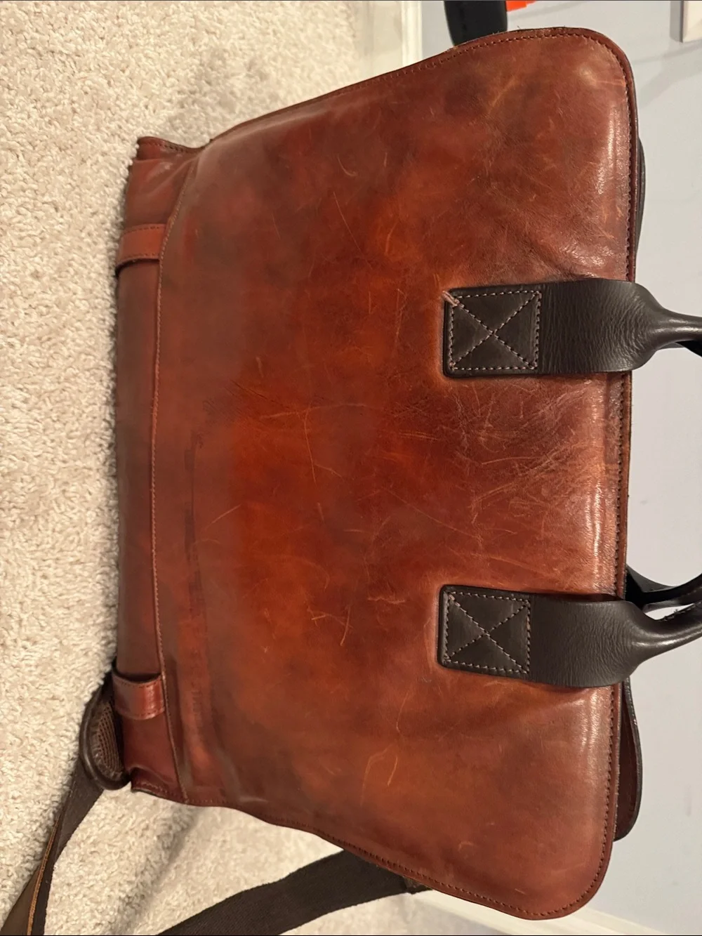 Time Resistance Premium Cognac Leather Briefcase with Dark Handles and Shoulder